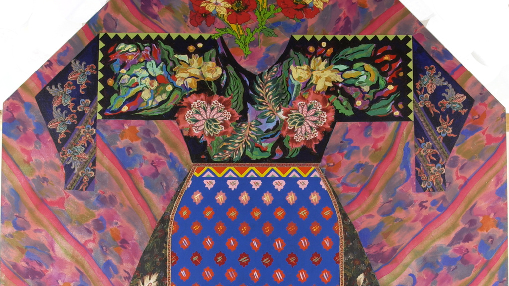 A black dress with bright floral patterns made of paint and fabric with a blue apron, all against a pink background