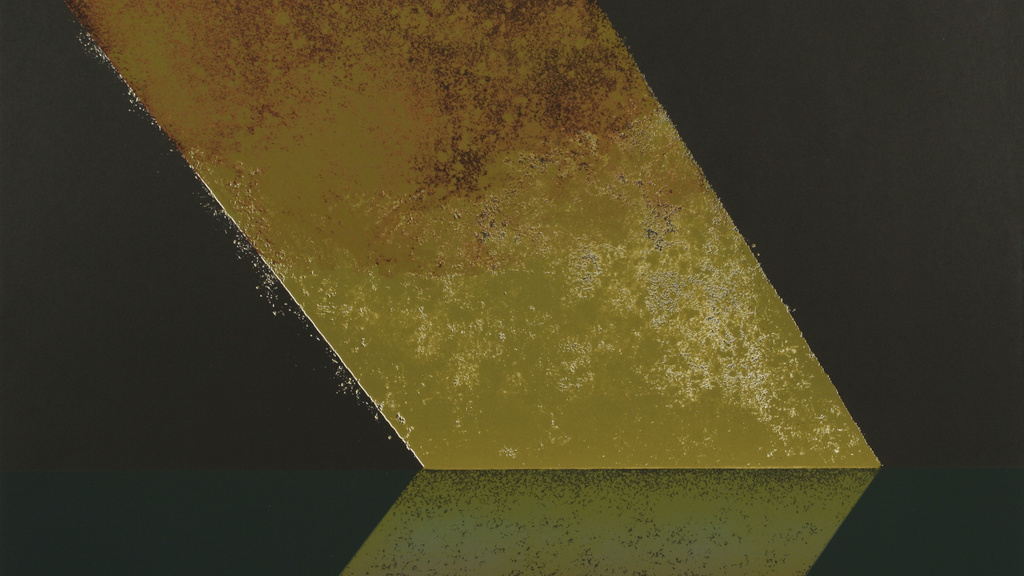 A black background with a wide gold strip angling downward from top left corner to mid-right. Halfway up the painting the gold bar is "reflected" and the bar runs from mid-right to bottom left.